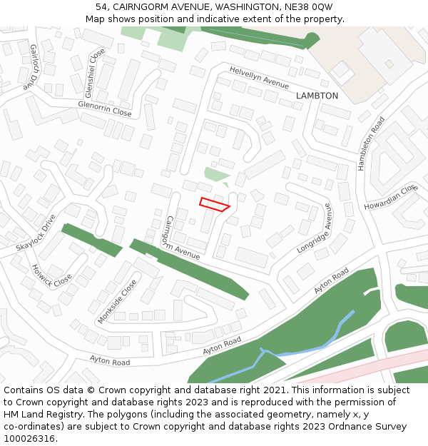 54, CAIRNGORM AVENUE, WASHINGTON, NE38 0QW: Location map and indicative extent of plot