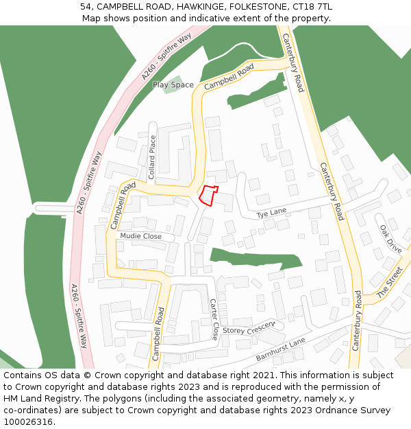 54, CAMPBELL ROAD, HAWKINGE, FOLKESTONE, CT18 7TL: Location map and indicative extent of plot