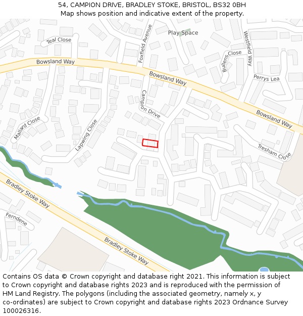 54, CAMPION DRIVE, BRADLEY STOKE, BRISTOL, BS32 0BH: Location map and indicative extent of plot