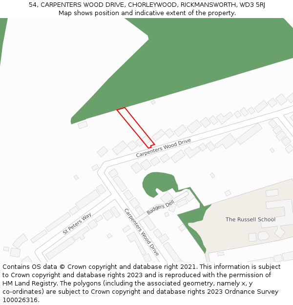 54, CARPENTERS WOOD DRIVE, CHORLEYWOOD, RICKMANSWORTH, WD3 5RJ: Location map and indicative extent of plot