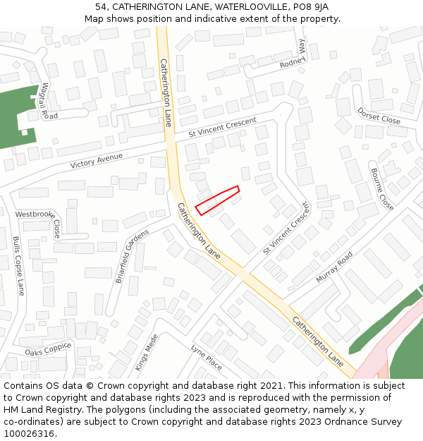 54, CATHERINGTON LANE, WATERLOOVILLE, PO8 9JA: Location map and indicative extent of plot