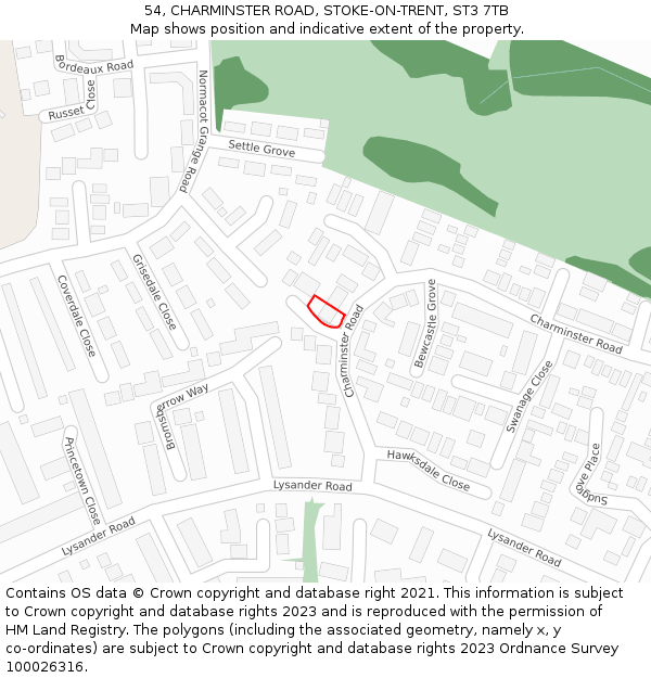 54, CHARMINSTER ROAD, STOKE-ON-TRENT, ST3 7TB: Location map and indicative extent of plot