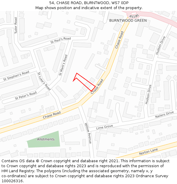54, CHASE ROAD, BURNTWOOD, WS7 0DP: Location map and indicative extent of plot