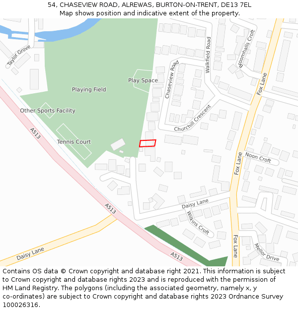 54, CHASEVIEW ROAD, ALREWAS, BURTON-ON-TRENT, DE13 7EL: Location map and indicative extent of plot