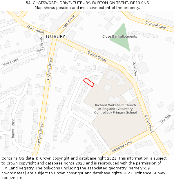 54, CHATSWORTH DRIVE, TUTBURY, BURTON-ON-TRENT, DE13 9NS: Location map and indicative extent of plot