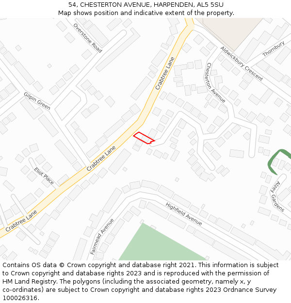 54, CHESTERTON AVENUE, HARPENDEN, AL5 5SU: Location map and indicative extent of plot