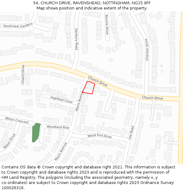 54, CHURCH DRIVE, RAVENSHEAD, NOTTINGHAM, NG15 9FF: Location map and indicative extent of plot