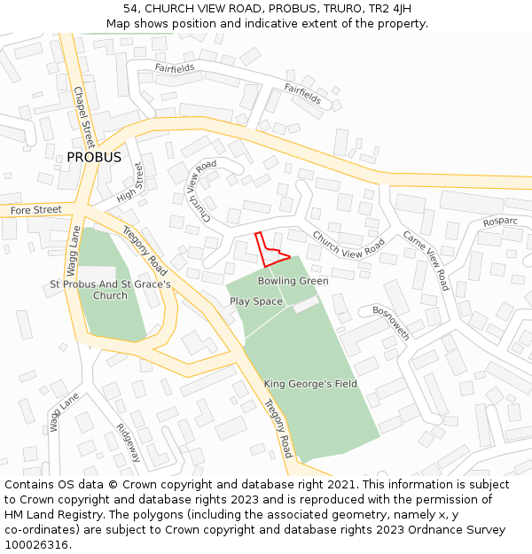 54, CHURCH VIEW ROAD, PROBUS, TRURO, TR2 4JH: Location map and indicative extent of plot
