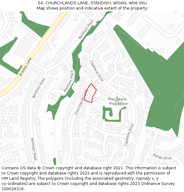 54, CHURCHLANDS LANE, STANDISH, WIGAN, WN6 0XU: Location map and indicative extent of plot