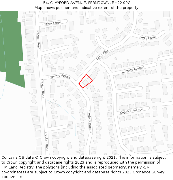 54, CLAYFORD AVENUE, FERNDOWN, BH22 9PG: Location map and indicative extent of plot