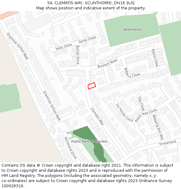 54, CLEMATIS WAY, SCUNTHORPE, DN16 3UQ: Location map and indicative extent of plot