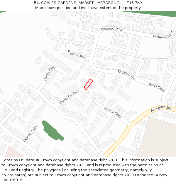 54, COALES GARDENS, MARKET HARBOROUGH, LE16 7NY: Location map and indicative extent of plot