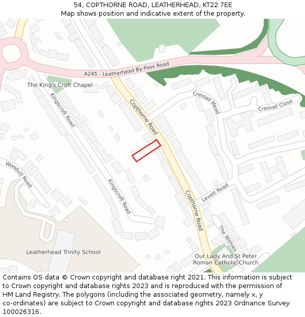 54, COPTHORNE ROAD, LEATHERHEAD, KT22 7EE: Location map and indicative extent of plot