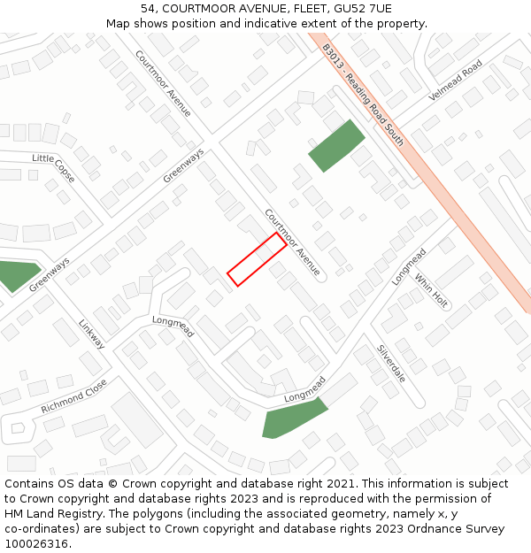 54, COURTMOOR AVENUE, FLEET, GU52 7UE: Location map and indicative extent of plot