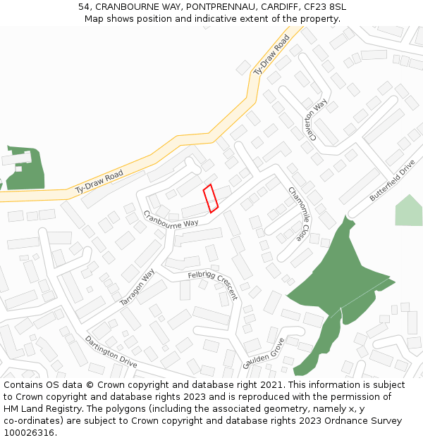 54, CRANBOURNE WAY, PONTPRENNAU, CARDIFF, CF23 8SL: Location map and indicative extent of plot