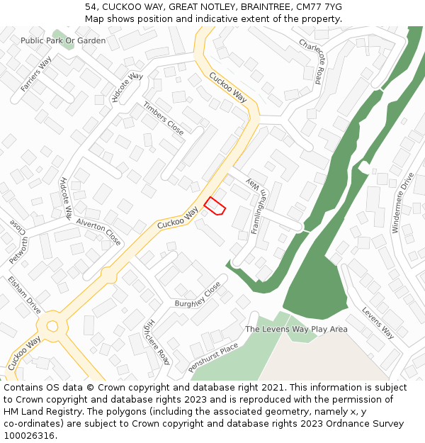54, CUCKOO WAY, GREAT NOTLEY, BRAINTREE, CM77 7YG: Location map and indicative extent of plot