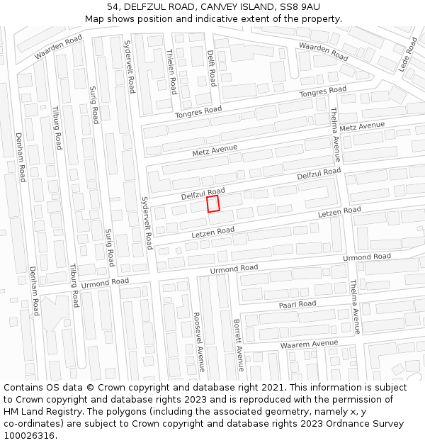 54, DELFZUL ROAD, CANVEY ISLAND, SS8 9AU: Location map and indicative extent of plot