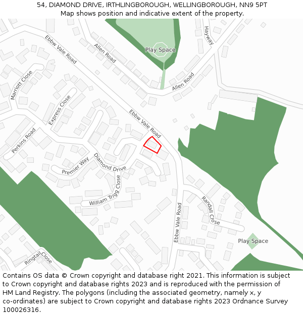 54, DIAMOND DRIVE, IRTHLINGBOROUGH, WELLINGBOROUGH, NN9 5PT: Location map and indicative extent of plot