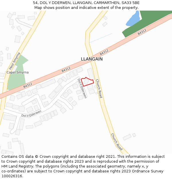 54, DOL Y DDERWEN, LLANGAIN, CARMARTHEN, SA33 5BE: Location map and indicative extent of plot