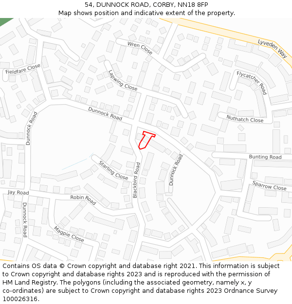 54, DUNNOCK ROAD, CORBY, NN18 8FP: Location map and indicative extent of plot