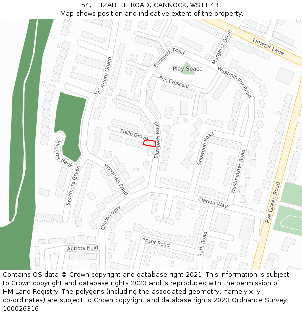 54, ELIZABETH ROAD, CANNOCK, WS11 4RE: Location map and indicative extent of plot