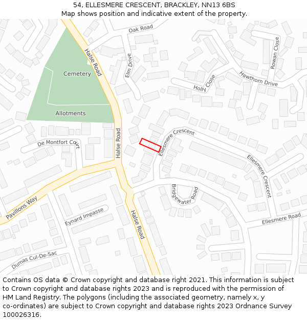 54, ELLESMERE CRESCENT, BRACKLEY, NN13 6BS: Location map and indicative extent of plot