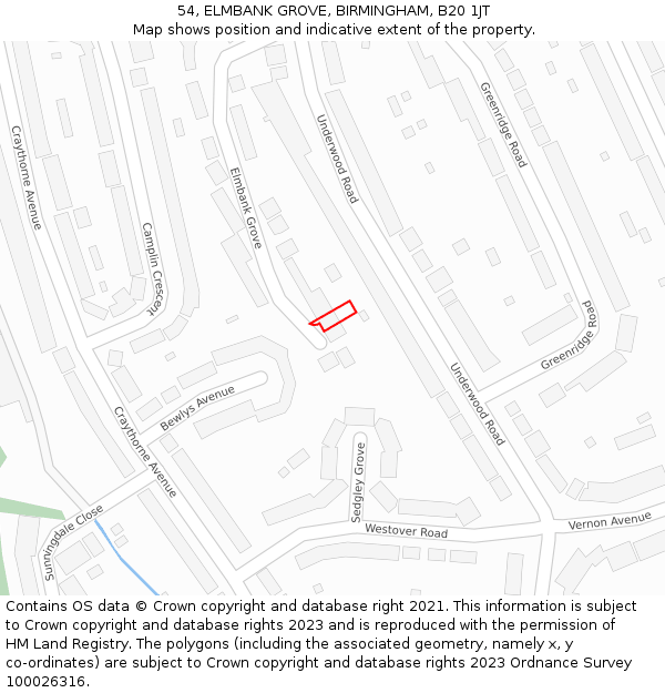 54, ELMBANK GROVE, BIRMINGHAM, B20 1JT: Location map and indicative extent of plot