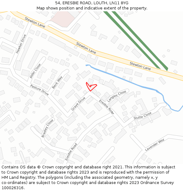 54, ERESBIE ROAD, LOUTH, LN11 8YG: Location map and indicative extent of plot