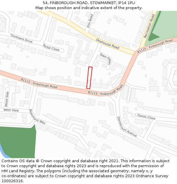 54, FINBOROUGH ROAD, STOWMARKET, IP14 1PU: Location map and indicative extent of plot