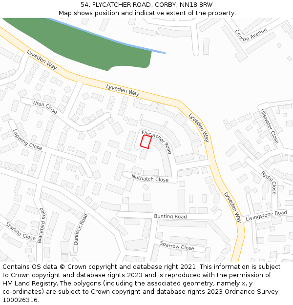 54, FLYCATCHER ROAD, CORBY, NN18 8RW: Location map and indicative extent of plot