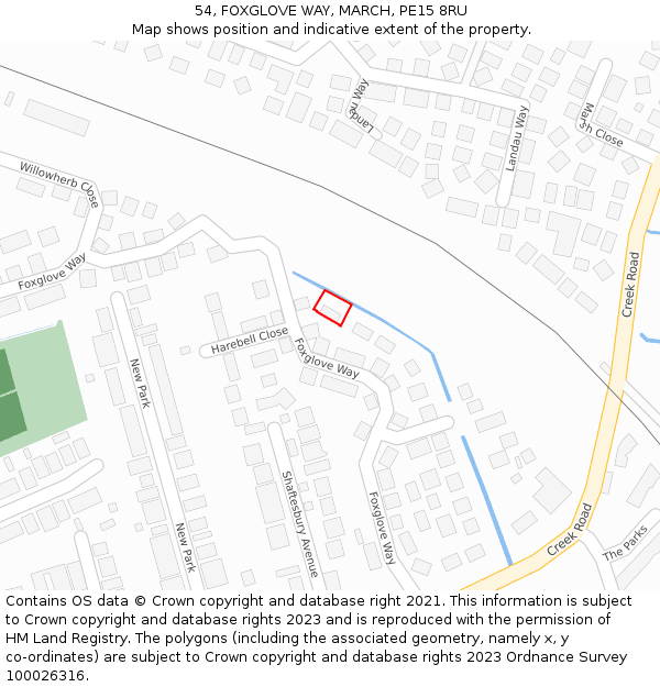 54, FOXGLOVE WAY, MARCH, PE15 8RU: Location map and indicative extent of plot