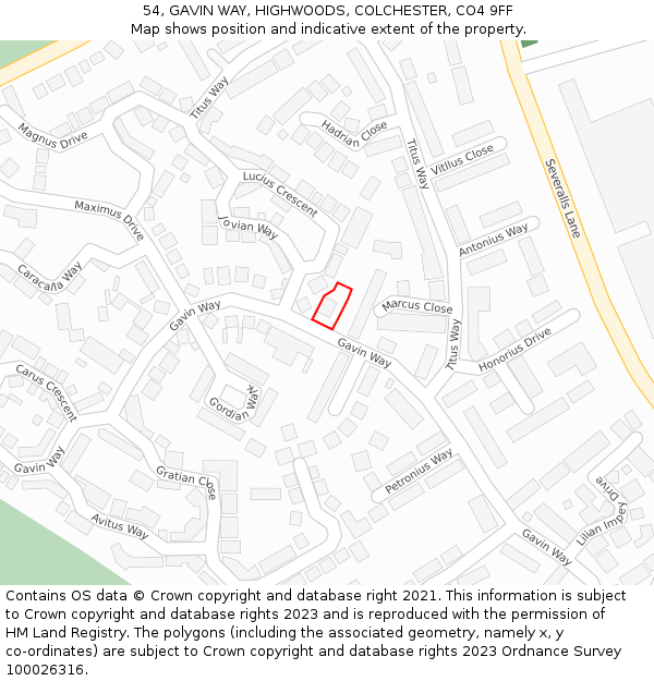 54, GAVIN WAY, HIGHWOODS, COLCHESTER, CO4 9FF: Location map and indicative extent of plot