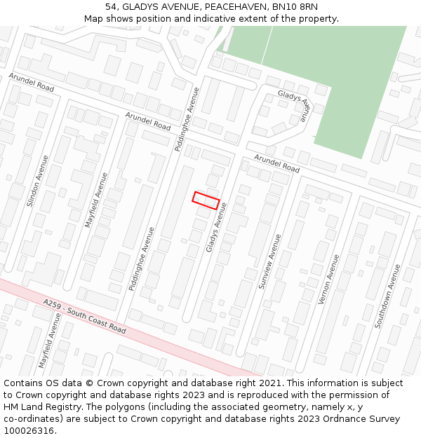 54, GLADYS AVENUE, PEACEHAVEN, BN10 8RN: Location map and indicative extent of plot