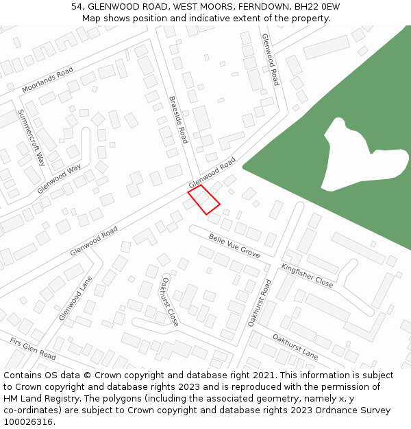 54, GLENWOOD ROAD, WEST MOORS, FERNDOWN, BH22 0EW: Location map and indicative extent of plot