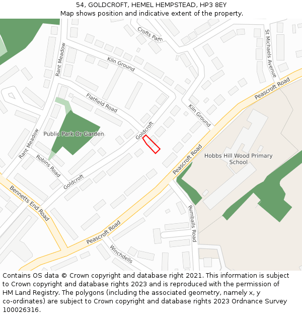 54, GOLDCROFT, HEMEL HEMPSTEAD, HP3 8EY: Location map and indicative extent of plot