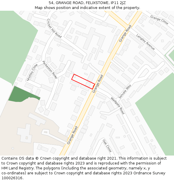 54, GRANGE ROAD, FELIXSTOWE, IP11 2JZ: Location map and indicative extent of plot
