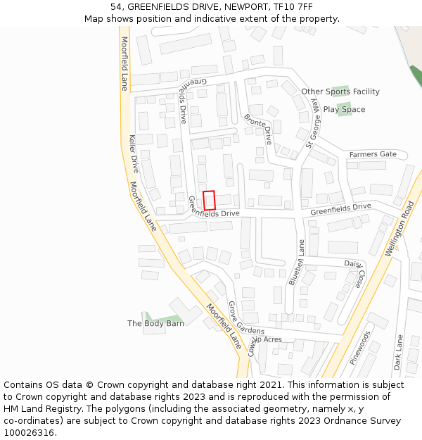 54, GREENFIELDS DRIVE, NEWPORT, TF10 7FF: Location map and indicative extent of plot