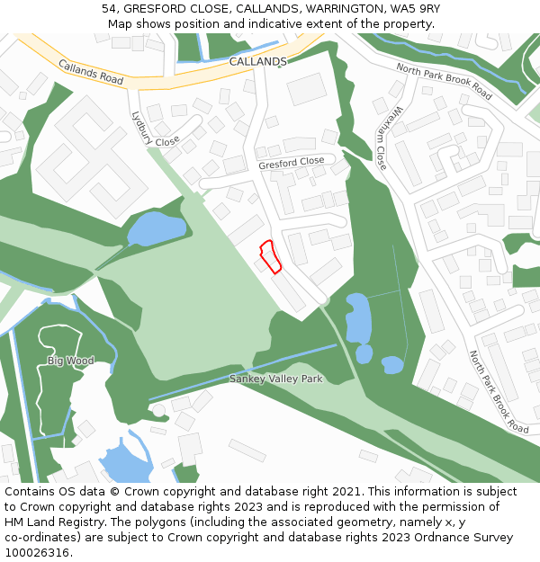 54, GRESFORD CLOSE, CALLANDS, WARRINGTON, WA5 9RY: Location map and indicative extent of plot