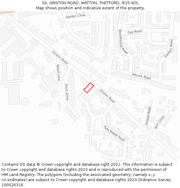 54, GRISTON ROAD, WATTON, THETFORD, IP25 6DL: Location map and indicative extent of plot