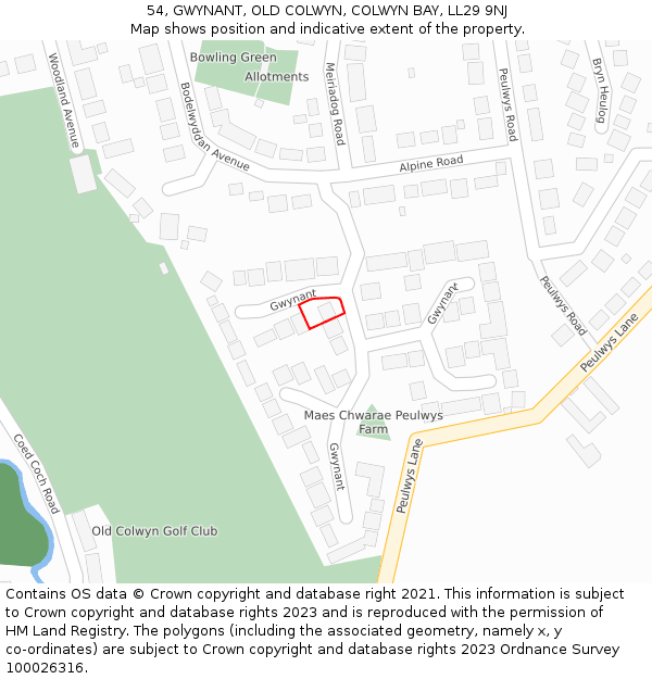 54, GWYNANT, OLD COLWYN, COLWYN BAY, LL29 9NJ: Location map and indicative extent of plot