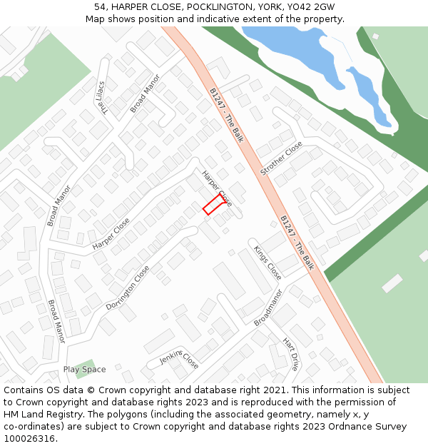 54, HARPER CLOSE, POCKLINGTON, YORK, YO42 2GW: Location map and indicative extent of plot