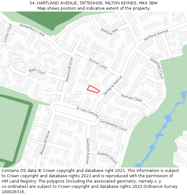 54, HARTLAND AVENUE, TATTENHOE, MILTON KEYNES, MK4 3BW: Location map and indicative extent of plot