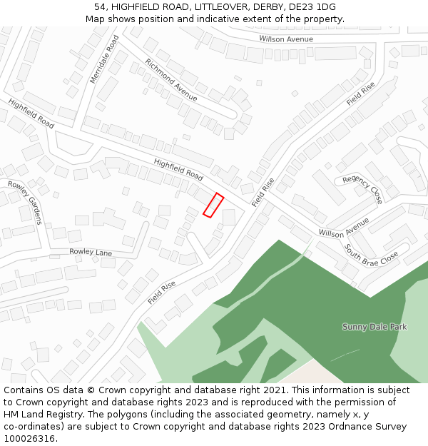 54, HIGHFIELD ROAD, LITTLEOVER, DERBY, DE23 1DG: Location map and indicative extent of plot