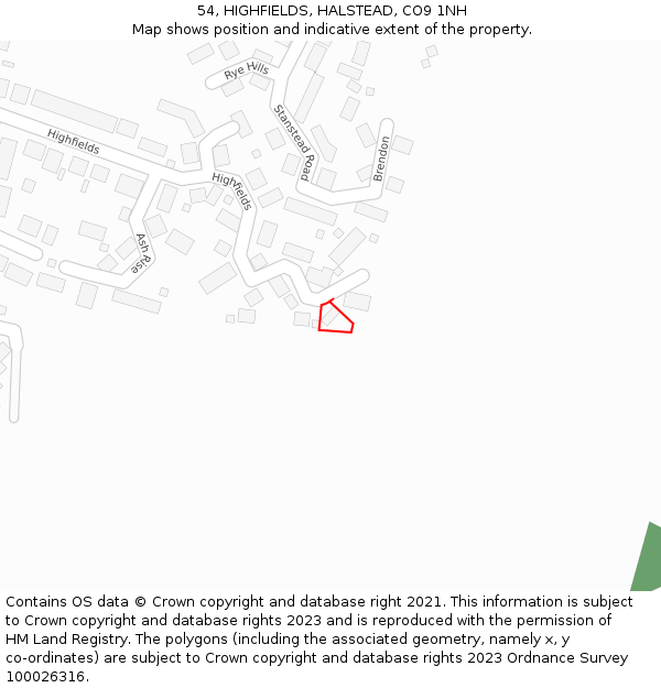 54, HIGHFIELDS, HALSTEAD, CO9 1NH: Location map and indicative extent of plot