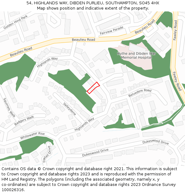 54, HIGHLANDS WAY, DIBDEN PURLIEU, SOUTHAMPTON, SO45 4HX: Location map and indicative extent of plot