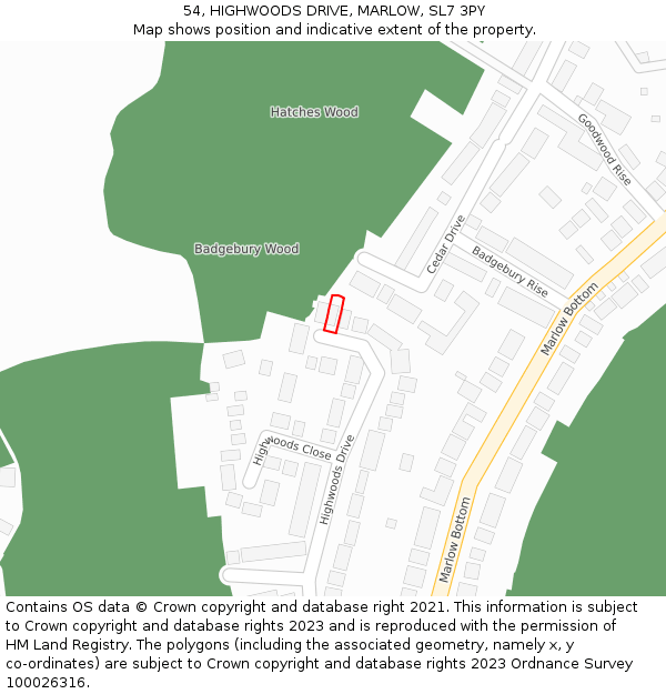 54, HIGHWOODS DRIVE, MARLOW, SL7 3PY: Location map and indicative extent of plot