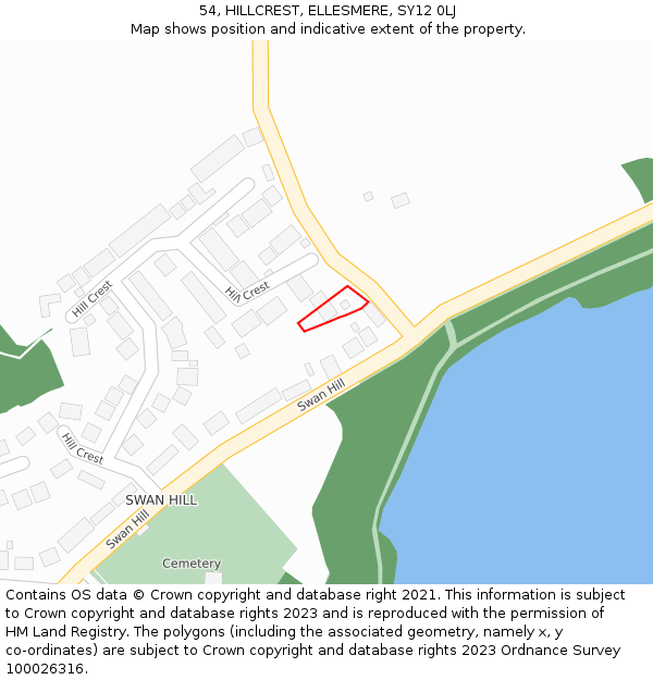 54, HILLCREST, ELLESMERE, SY12 0LJ: Location map and indicative extent of plot