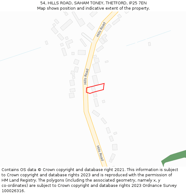 54, HILLS ROAD, SAHAM TONEY, THETFORD, IP25 7EN: Location map and indicative extent of plot