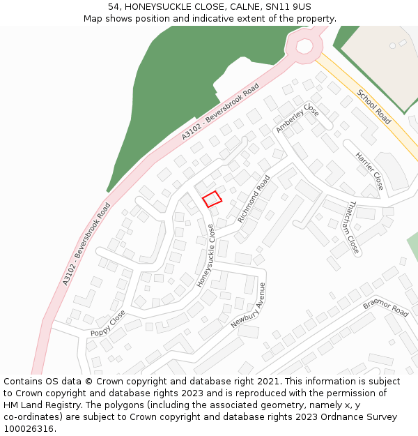 54, HONEYSUCKLE CLOSE, CALNE, SN11 9US: Location map and indicative extent of plot