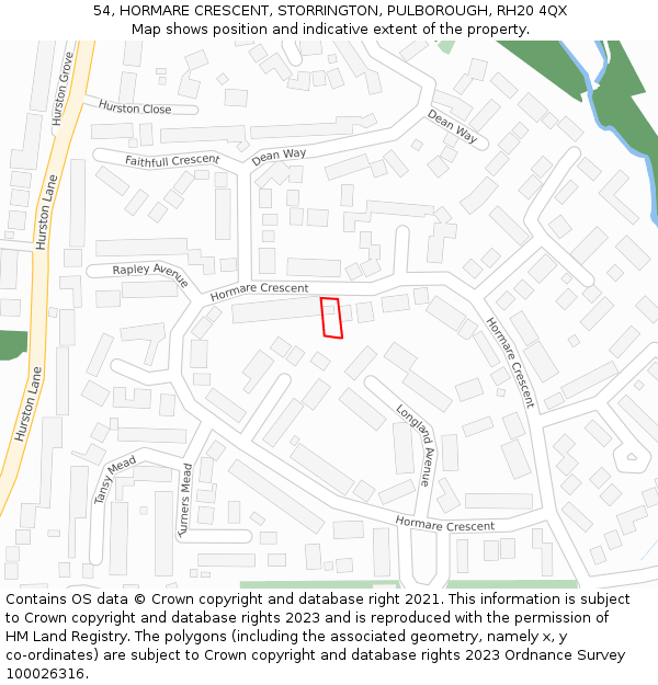 54, HORMARE CRESCENT, STORRINGTON, PULBOROUGH, RH20 4QX: Location map and indicative extent of plot